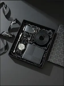 Men's Luxury Gift Set, Holiday Presents for Boyfriend and Family, Belt + Buckle + Wallet + Pen + Watch + Cufflinks, Elegant Gift Box