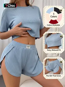 Women's Spring Summer Pajama Set, Plain Fitted Casual Sleepwear, Short Sleeve Top and High Split Shorts, Comfortable Home