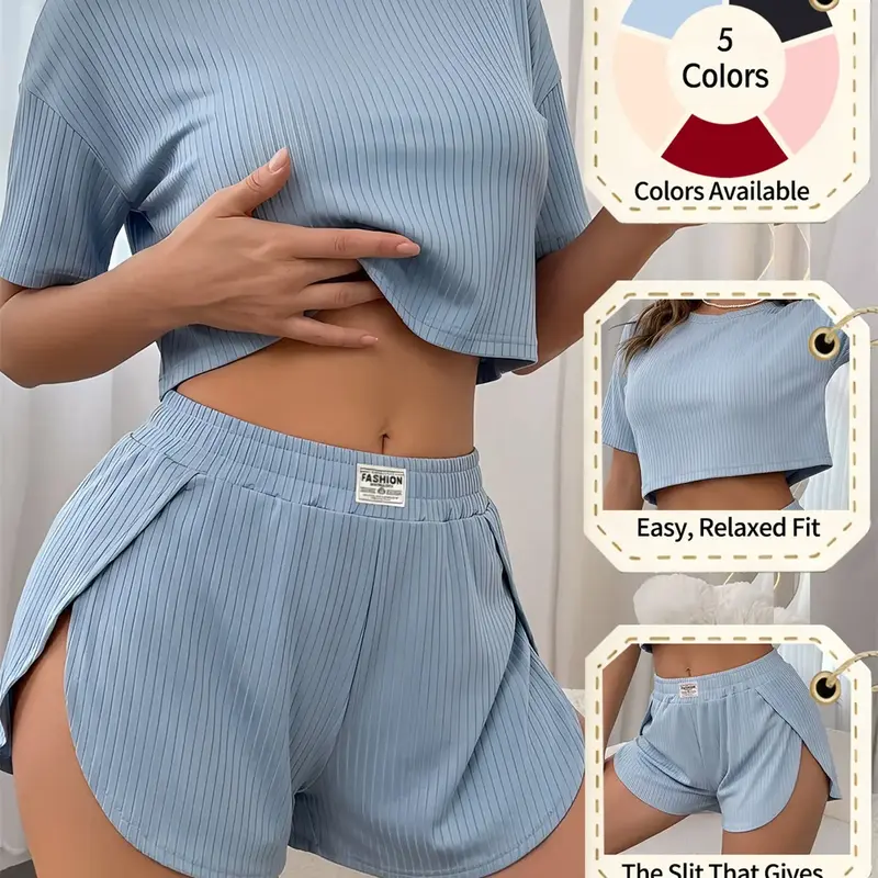 Women's Spring Summer Pajama Set, Pjs Plain Fitted Sleepwear Homewear, Round Neck Short Sleeve Top, High Split Comfort Home Loungewear Nightwear Pajamas