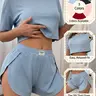Women's Spring Summer Pajama Set, Pjs Plain Fitted Sleepwear Homewear, Round Neck Short Sleeve Top, High Split Comfort Home Loungewear Nightwear Pajamas