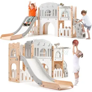 8 in 1 Toddler Playground Activity Set  Slide Climber Basketball Hoop, Tunnel Telescope Steering Wheel Storage Durable Indoor Outdoor Play Equipment for Ages 1-3