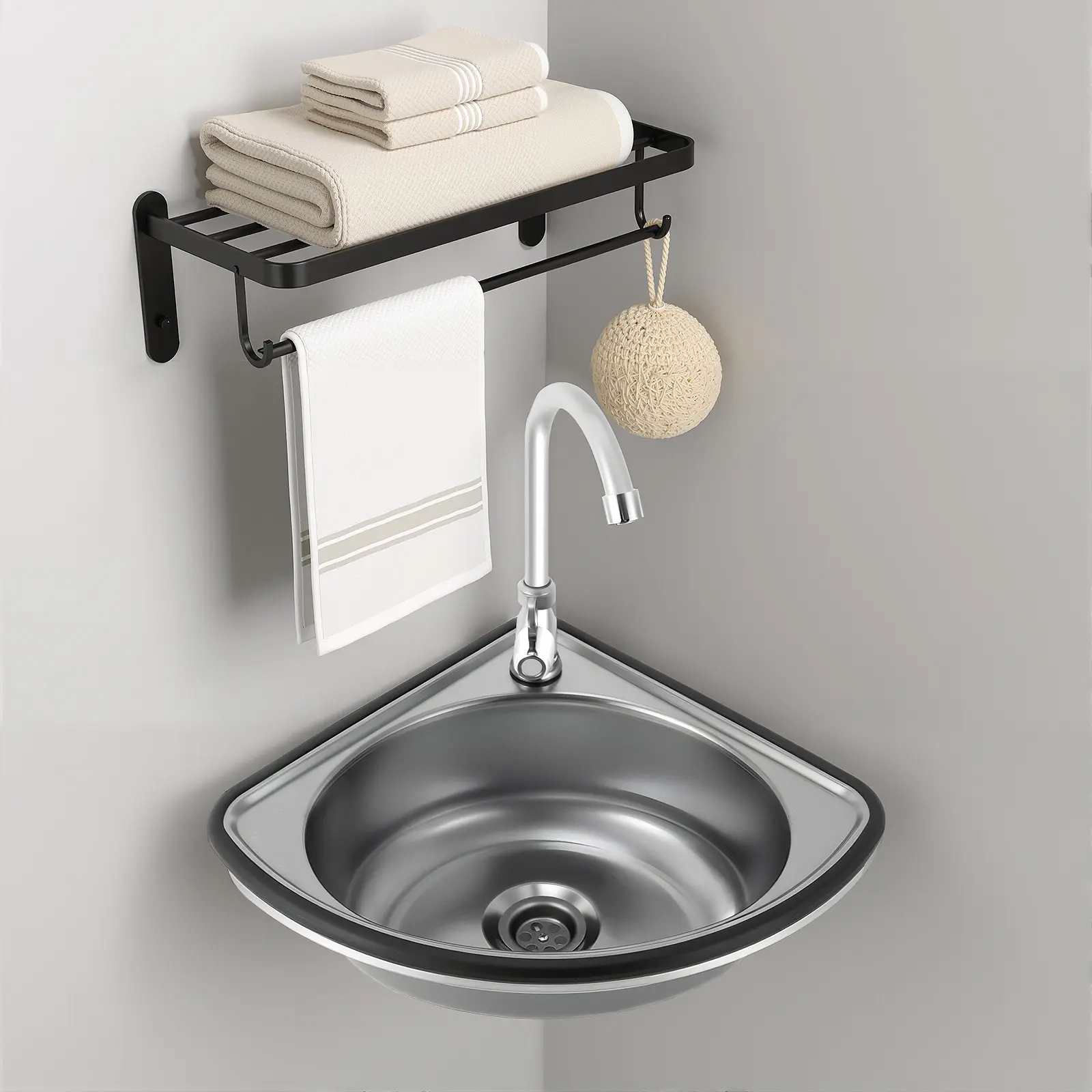 Stainless Steel Triangular Corner Wall-Mount Hand Wash Basin (1*Basin, 44*37cm/17.32*14.57in, 3Kg/6.61Lbs) - Modern, Space-Saving, ABS, 1*Faucet with Honeycomb Aerator, 1*Drain Pipe, Drain Plug, 2 Nail-Free Adhesives, Assembly Required, Graduation Gift