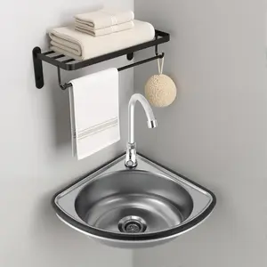 17.3x14.6 Inch Stainless Steel Triangular Corner Sink with Faucet, Wall Mount Hand Wash Basin with Honeycomb Aerator & Drain Plug, Space Saving for Bathroom, Kitchen, Laundry, Garage
