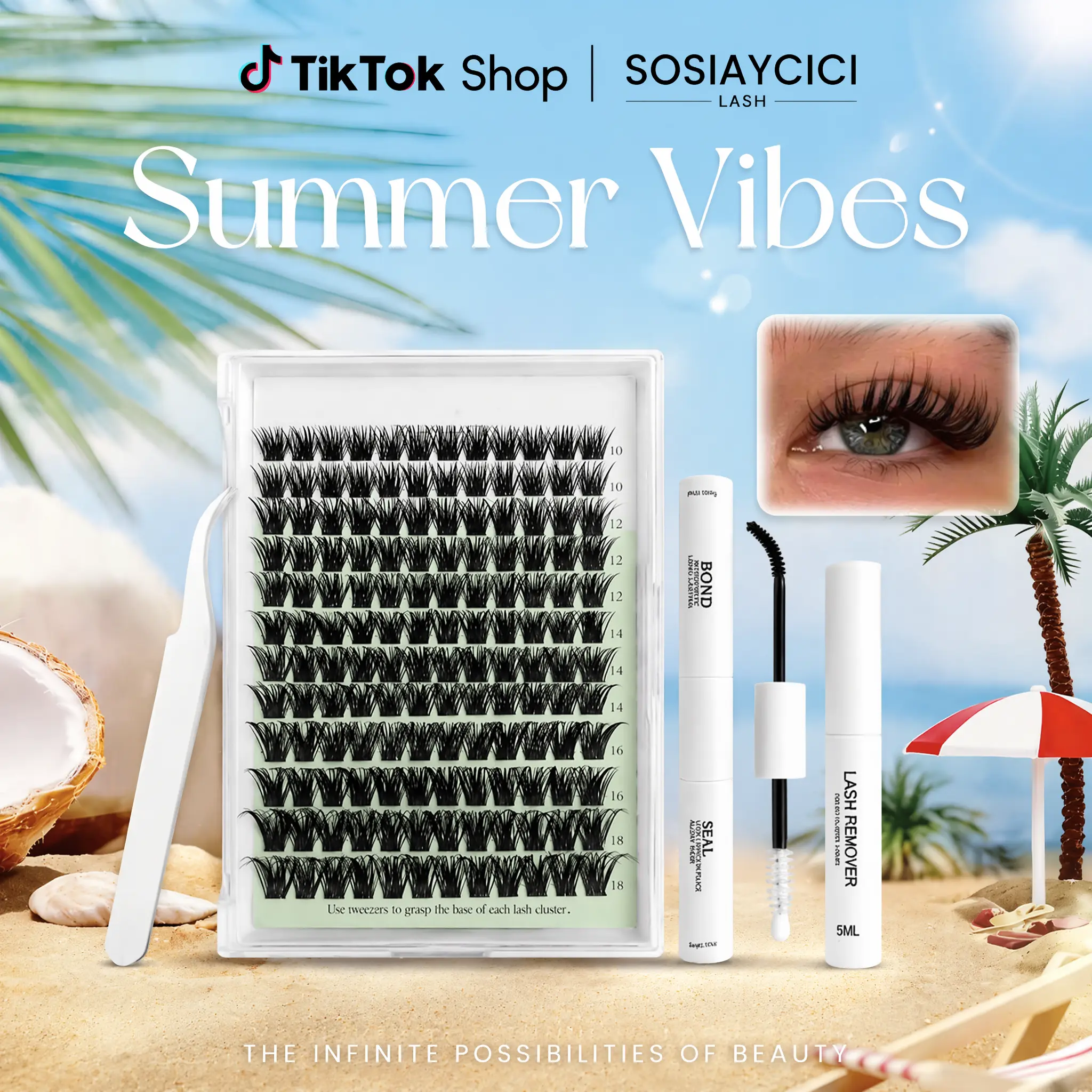 [SOSIAYCICI- EXCLUSIVE SERIES] Zephyr Deep Breeze Cluster Lashes 10-18mm Mixed Volume Dense Light Weight Band Individual Lash Clusters Summer Beach Date Holiday Makeup For All Eye Shapes with Waterproof Long Lasting Bond&Seal Remover Tweezers