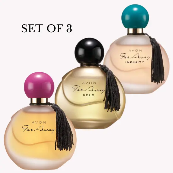 AVON Far Away Original, Gold & Infinity EDP 1.7 fl. oz Set of 3 Perfume Collection with Colorful Caps and Tassels