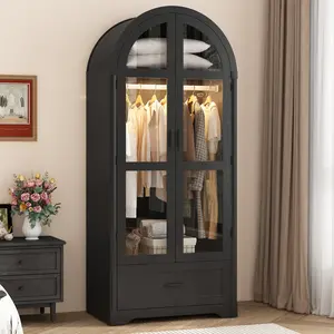 2 Glass Doors Arched Armoire Wardrobe Closet with LED Sensor Light, Wooden Wardrobe Closet with Drawer, Modern Clothing Storage Cabinet with Hanging Rod for Bedroom
