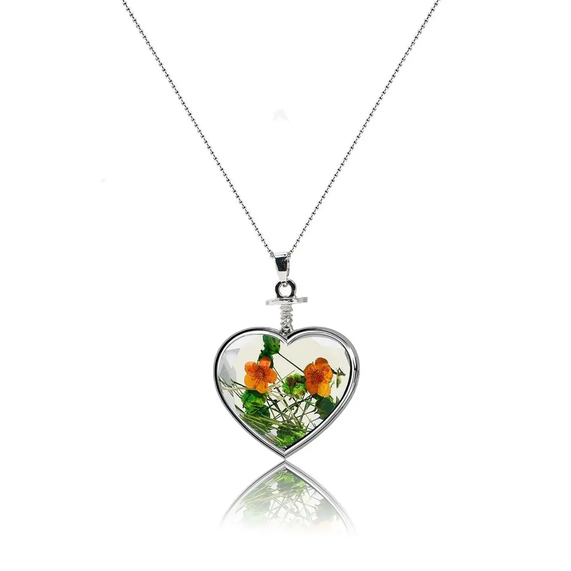 Heart Pendant Flowers Love Crystal Multi-Plant Dried Flower Necklace Elegant Design Natural Elements Birthday Holiday Gift Jewelry