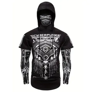 Cyberpunk style men's hooded shirt with mask - geometric pattern, elastic polyester fiber, machine washable - perfect for outdoor activities and Halloween, suitable for all seasonsRAIMENTRY
