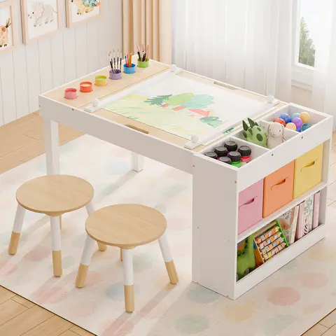 White Bamboo 5-in-1 Round Kids Art Table & Chairs Set - Grow-with-Me Versatile Use Creative Hub, 4-12 Years, Easel-Desk Switch, Ample Leg-Stretching Space, Easy Setup, Hidden Storage, Paper Roll Clamp, Paint Cup Caddy for Bedrooms, Birthdays