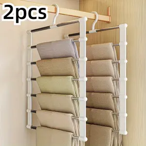 2pcs Stainless Steel Folding Pants Hangers ， Multi-layer Stainless Steel Folding Clothes Hanger for Home Wardrobe, Lightweight Bedroom Organizing Accessories, Space Saving Hanger, Home Organizer Tool, Storage Hanger, Closet Organizer