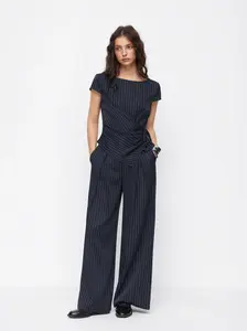 Striped Boat Neck Short Sleeve Wrap Knotted Top & Mid Rise Straight Leg Trousers Set