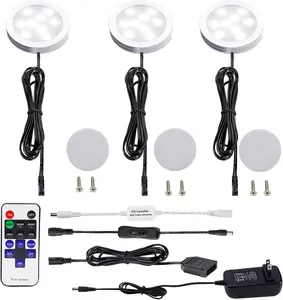 Dimmable LED Under Cabinet Puck Lights – 3 Lamps Kit with RF Remote Control, Daylight White 6000K for Home Kitchen Counter Lighting