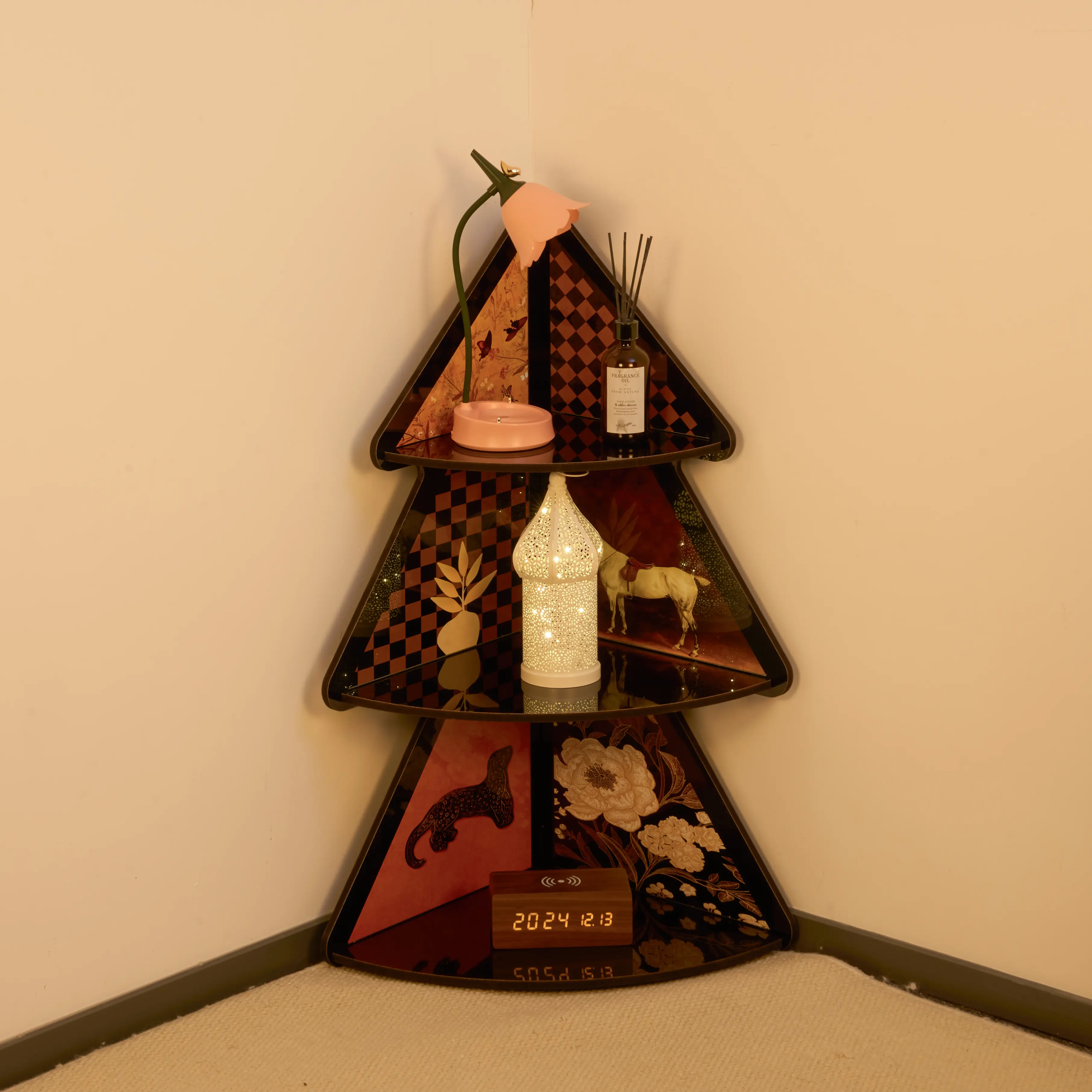 Christmas Tree Corner Cabinet, Artistic Triangular Display Shelf with Patterned Panels, Festive Home Accent for Living Room, Bedroom, or Entryway — Perfect Christmas Gift for Family & Friends