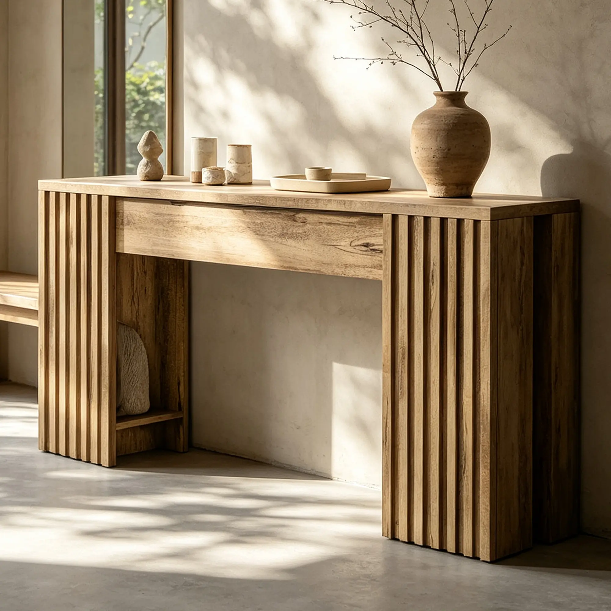 63" Long Console Table, Modern Fluted Entryway Table with Storage Shelf, Brown Behind Sofa Table with H-Shaped Robust Legs, Wooden Hallway Table for Entryway Front Door Foyer Living Room