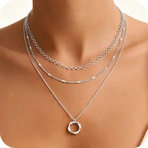 3 Layer 14K Gold Plated Necklaces Set for Women Dainty Stackable Circle Pendant Chain Elegant Jewelry Gifts dallas  jewelry Herringbone Layered Necklace