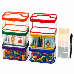 6-Pack Colorful Toy Storage Bags with Labels and Marker, Clear Waterproof PVC Organizer Bags for Building Blocks, Puzzles, Kids’ Crafts