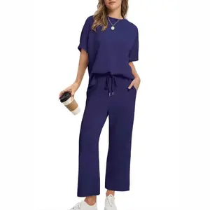 Women's Two-Piece Summer Outfit: Oversized Wide-Leg Cropped Pants Casual Set with Round Neck for Beach Vacation