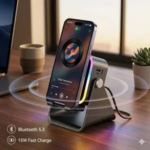 5-in-1 Wireless Bluetooth Induction Audio Speaker Stand, 360° Adjustable Mobile/Tablet Holder, 3500mAh Rechargeable Emergency Power Bank with Colorful Ambient Light, Home Decor Gift for Mother's Day