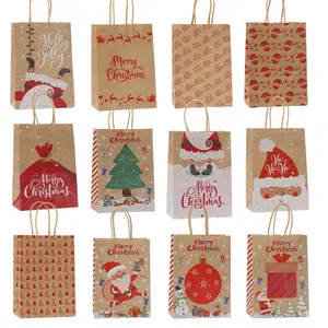 Christmas Themed Gift Bag, 12/24/36pcs Cartoon Pattern Kraft Paper Tote Bag, Gift Wrapping Supplies for Holiday Presents