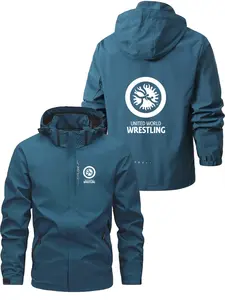 Men's Fashionable Wrestling Logo Jacket, Casual Hooded Design, Zipper Pockets, Polyester Material, Loose Fit, Spring & Fall Wear