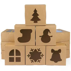 12 PCS Christmas Cookie Boxes, 6×6×3 Inches Treat Boxes Tin, Small Pastry Boxes with Window, for Gift Giving Packaging Dessert Bakery Cupcake Baked Goods