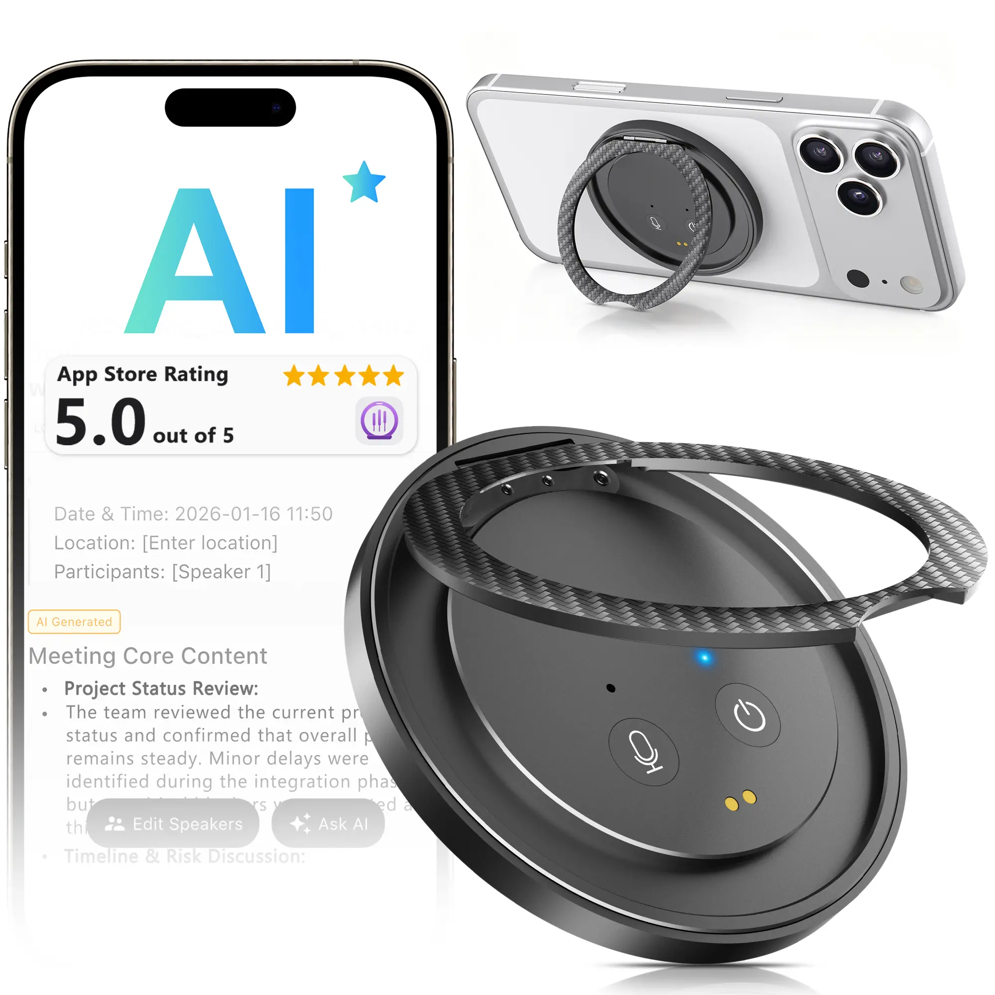 2-in-1 AI Voice Recorder with Magnetic Phone Stand, Real-Time Transcription in 100+ Languages, Auto AI Summary, Space Gray - Ideal for Meetings, Lectures