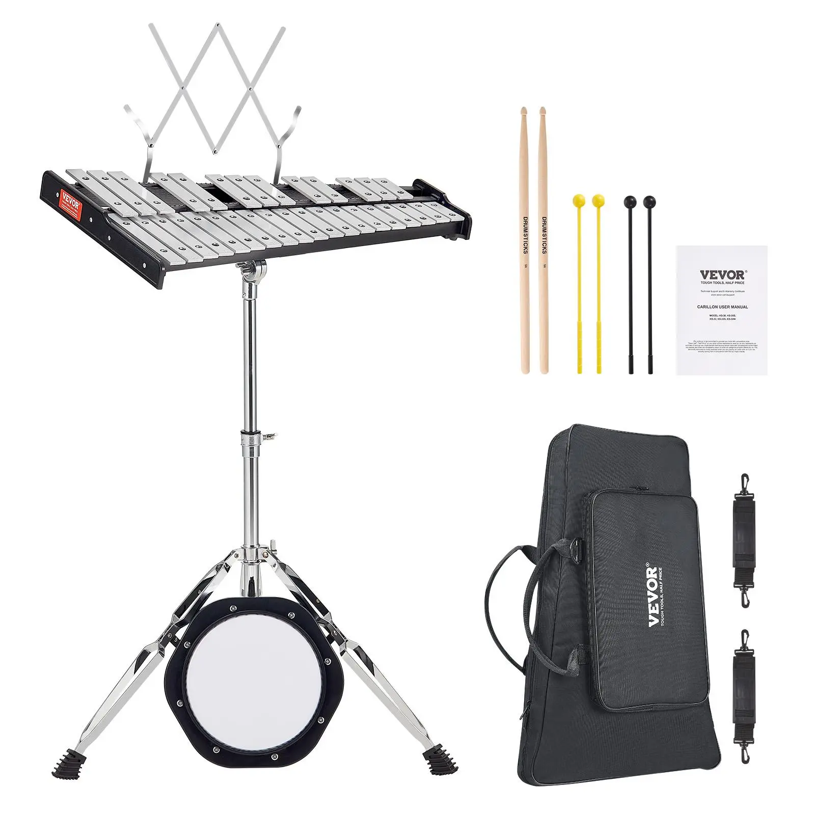 VEVOR Electroplated Metal Bar 32-Note Glockenspiel Xylophone Instrument Kit, Professional Percussion Musical Instrument with Mallets, Drum Sticks, Music Stand, 8" Practice Pad, Adjustable Stand & Carrying Bag for Students, Father's Day Gift, Xylophones
