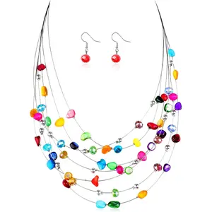 Multi Layered Shell Illusion Necklace Earring Set Colorful Chunky Beads Necklace for Women Gifts