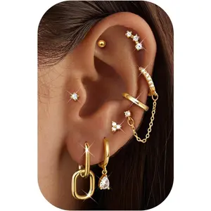 Hypoallergenic 14K Gold Plated Hoop Stud Earring Stacks for Women Trendy - Chain Cartilage Earrings Cute Silver Huggie Earrings Sets for Multiple Piercing Jewelry Lightweight 8Pairs
