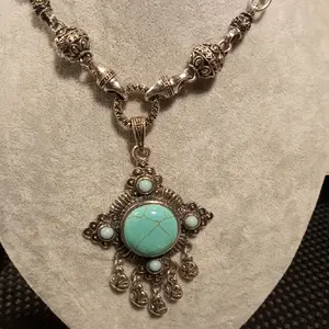 WANDA ITEMS ---Antique Turquoise Necklace for Women with Intricate Silver Beads and stone Pendant Elegant Everyday Wear or Special Occasions