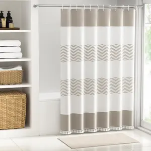 Brown Tassel Shower Curtains, Boho Farmhouse Stripes Shower with Tassels Waffle Weave Striped Pieced Shower Curtains Accessories Set Hotel Style for 72x78 Inch