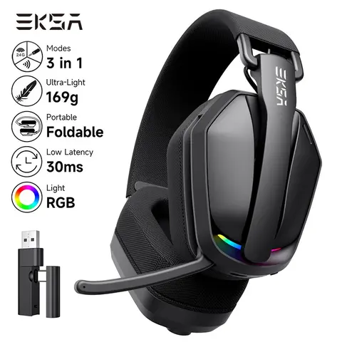 169g Ultra-Light Tri-Mode Wireless Gaming Headset Pc Accessories Gaming USB/Type-C 2.4GHz, Foldable Bluetooth 5.4 Over Ear Headphones With Noise Cancelling Mic For PC/PS4/PS5, RGB Light, 30ms Low Latency