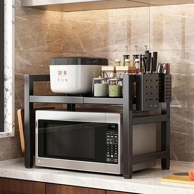 NETEL 2 Tier Expandable Microwave Shelf, Over Microwave Shelf, Worktop Stand, Kitchen Stand Up Oven, Microwave Rack with Hooks and Holder NETEL