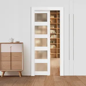 fathersdaygift VEVOR Sliding Pocket Door, 36x 80, 5-Lite Frosted Glass Single Sliding Door with Hardware Kit, Sturdy Solid Wood MDF Pocket Doors Slab with Waterproof Surface for Bedroom Kitchen Study Room