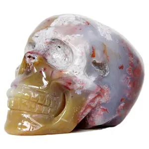 Ocean Jasper Skull Head OJ Hand Carved Figurine Healing Crystal Reiki Energy Stone Therapy Statue Halloween Decor