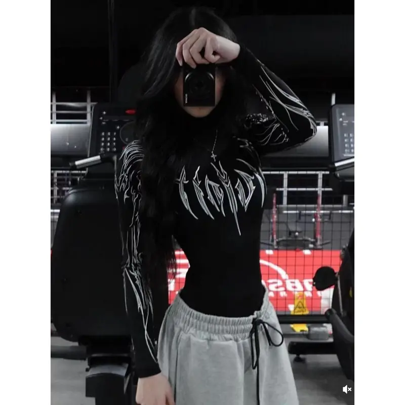 Sweet Spice Girl Show Body Gothic Tight High Elastic Fitness Sports Semi-High Neck Quick Drying Breathable Long Sleeve T-Shirt Men and Women