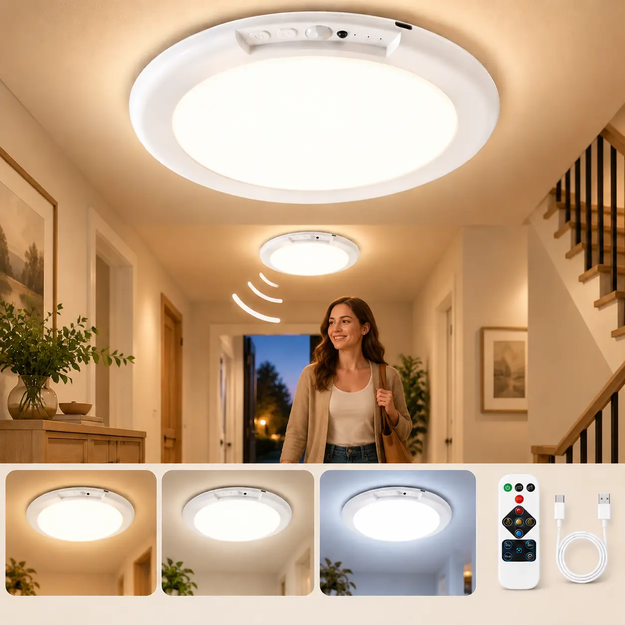 Qawtor Rechargeable Motion Sensor Ceiling Light - 4000mAh Battery-Powered Wireless LED Lamp, Magnetic No-Wiring Easy Installation, 3 Color Temperatures Dimmable with Remote & Timer, Lights for Bedroom, Closet, Hallway
