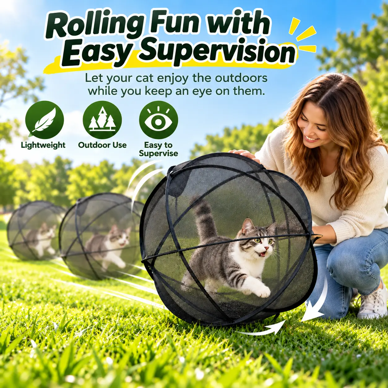 Collapsible Cat Rolling Playpen - Breathable Mesh Outdoor Pet Exercise Tunnel, Lightweight Pet Activity Enclosure for Supervised Lawn Play