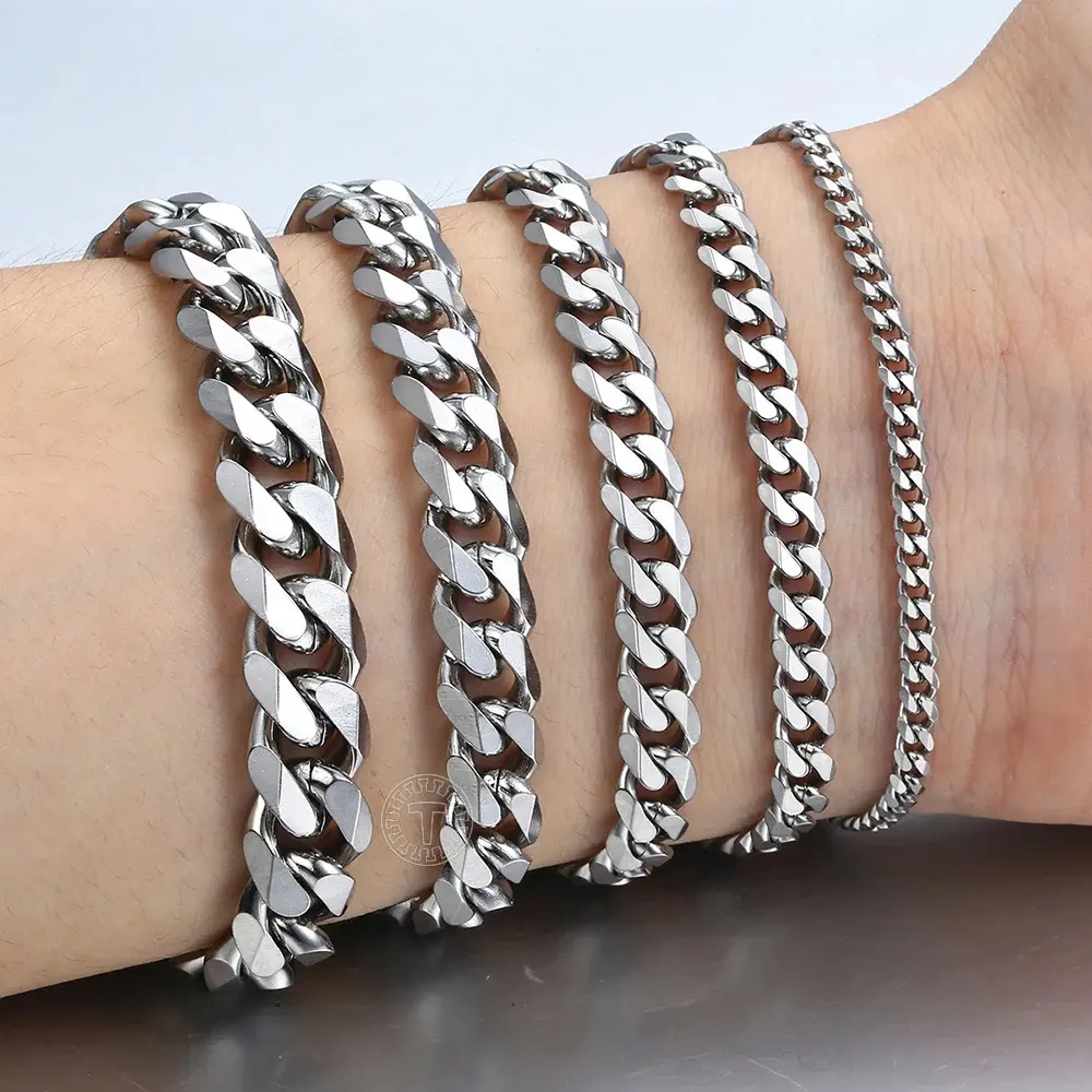 Hermah 3/5/7/9/11mm Silver Bracelet for Men Women Stainless Steel Curb Cuban Link Chain Bracelet 7inch-10inch