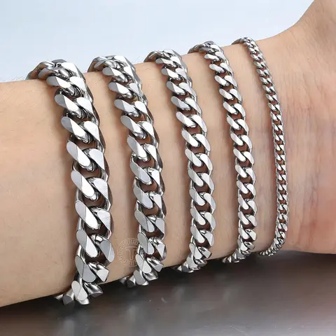 Hermah 3/5/7/9/11mm Silver Bracelet for Men Women Stainless Steel Curb Cuban Link Chain Bracelet 7inch-10inch