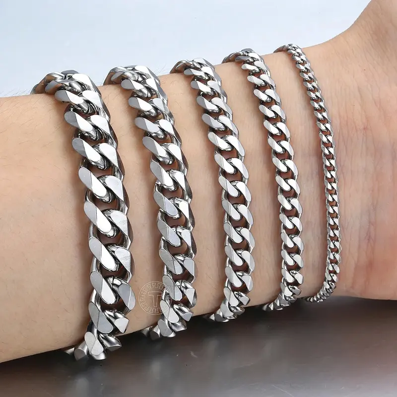 Hermah 3/5/7/9/11mm Silver Bracelet for Men Women Stainless Steel Curb Cuban Link Chain Bracelet 7inch-10inch