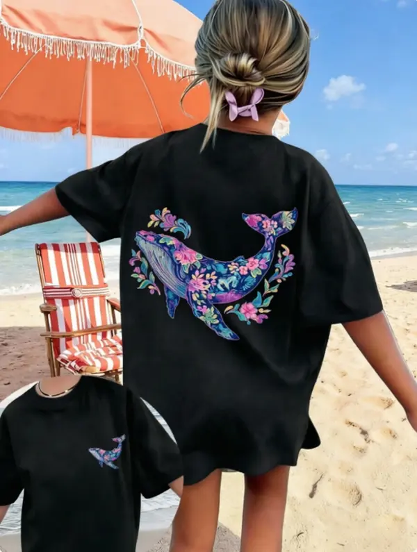 Boho Ocean Floral Whale Two Sides Printed Tshirt Seaside Travel Breathable 100% Cotton Oversized Unisex Tee