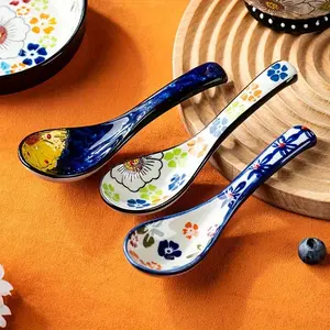 Bohemian Ceramic Spoons Set of 4, Includes Large Soup Spoon, Ramen Spoon, Miso Spoon, Dumpling Spoon, Hand-Painted Floral Design
