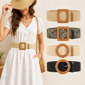 Elastic Belt for Women Straw Woven Elastic Stretch Waist Belt Women Skinny Dress Belt Belts for Women Dresses Boho Style Buckle#SummerVibes