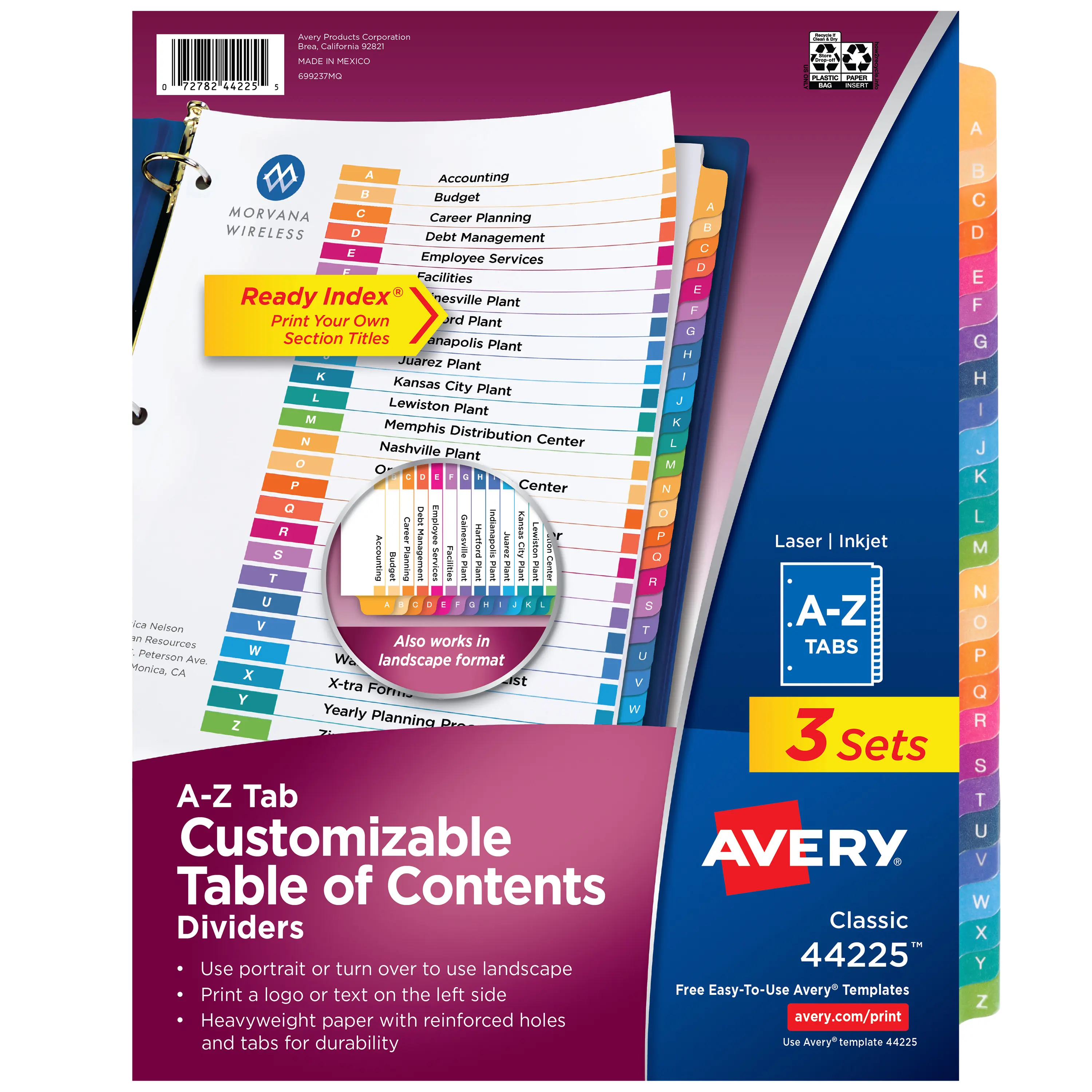 Avery® A-Z Dividers for 3 Ring Binders, 26 Tabs per Set, Customizable Table of Contents, Multicolor Tabs, Great for Organizing Reports, Projects, and More (3 Sets of 44225)