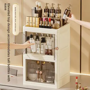 Foldable Makeup Storage Box, Dual Door Desktop Organizer, Multi-Layer Stationery Rack, Home Skincare Cabinet, Essential Bathroom Accessory