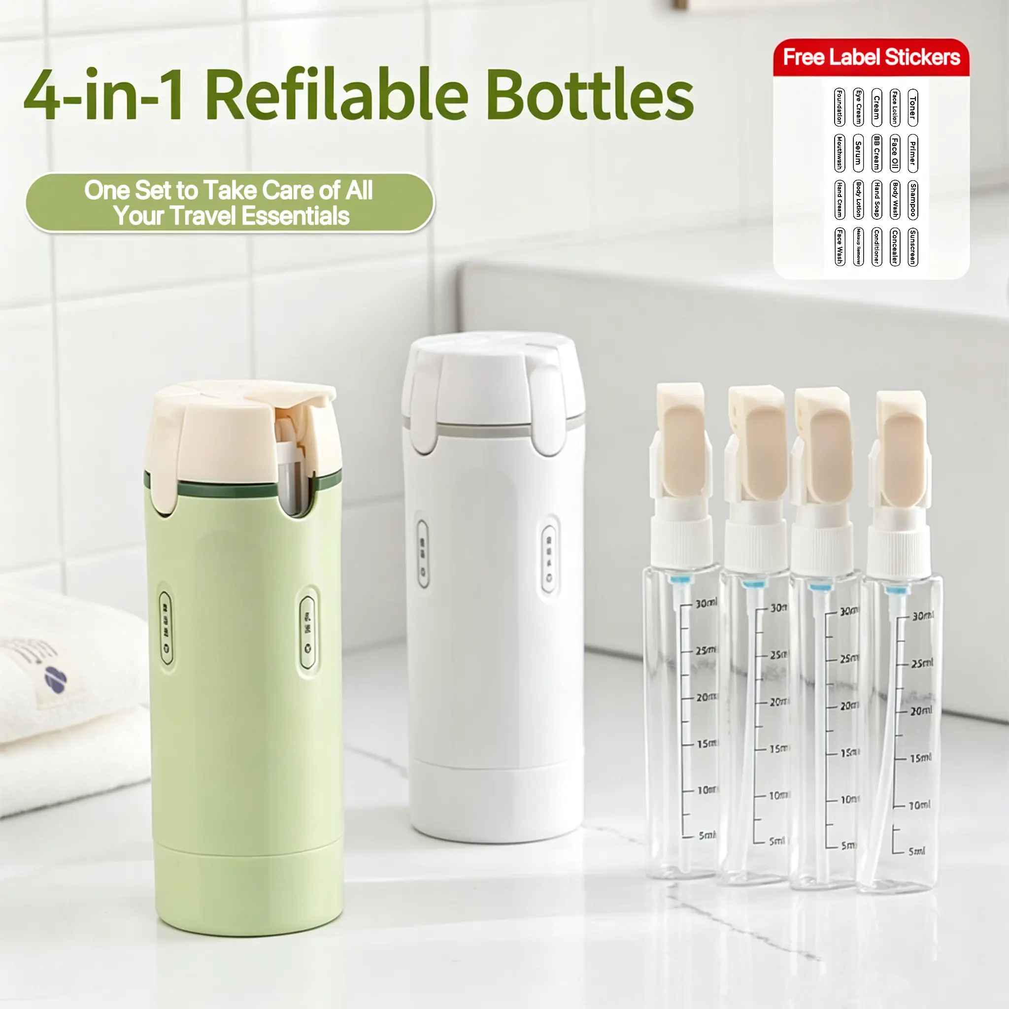 4-in-1 Leak-Proof Travel Bottle Set | Refillable Round Plastic Containers for Shampoo, Conditioner, Body Wash, and Lotion - Compact Holiday Travel Toiletry Bag Set