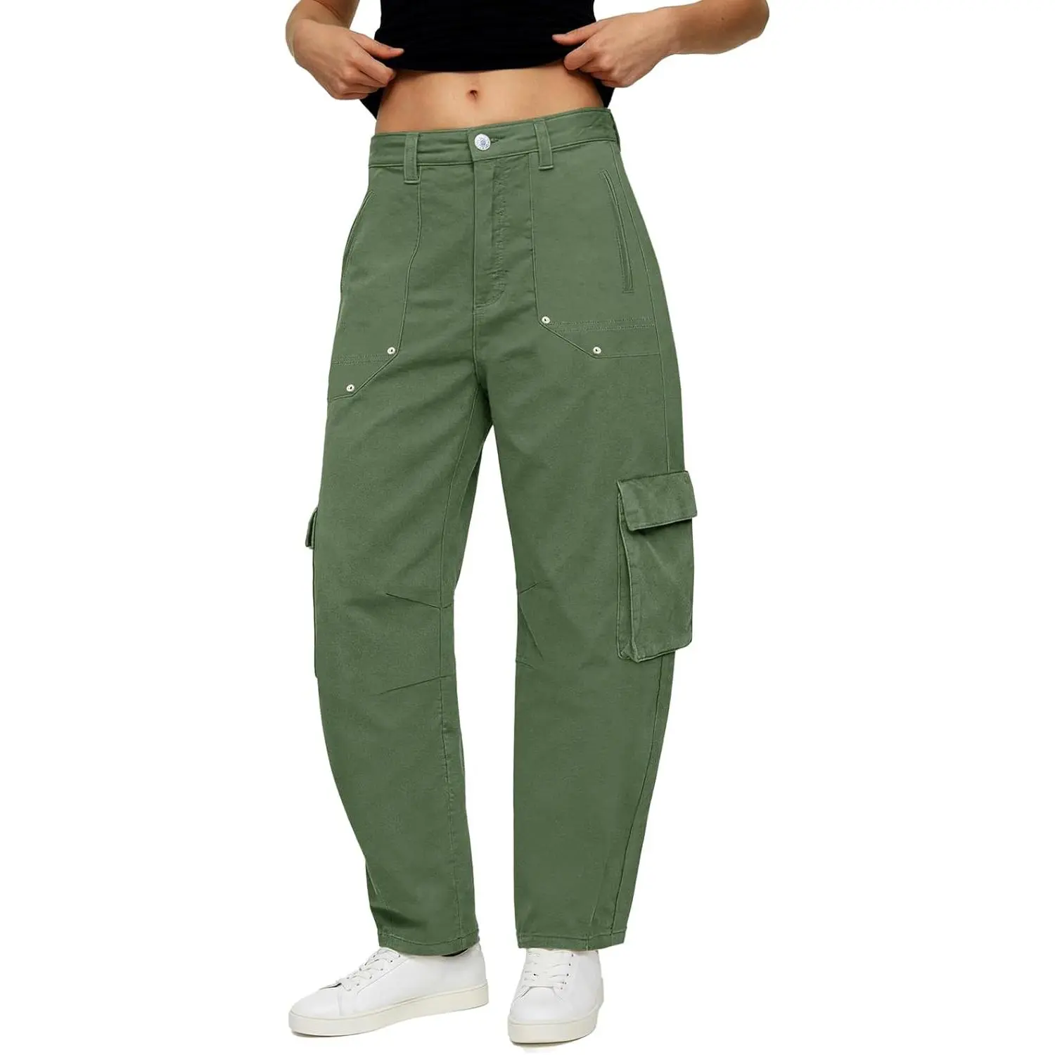 Aoysky Women's High-Waisted Wide-Leg Barrel Cargo Jeans - Minimalist Cotton Streetwear Trouser, Baggy Casual Pockets & Buttons Bottoms for Tee/Blouse Pairing