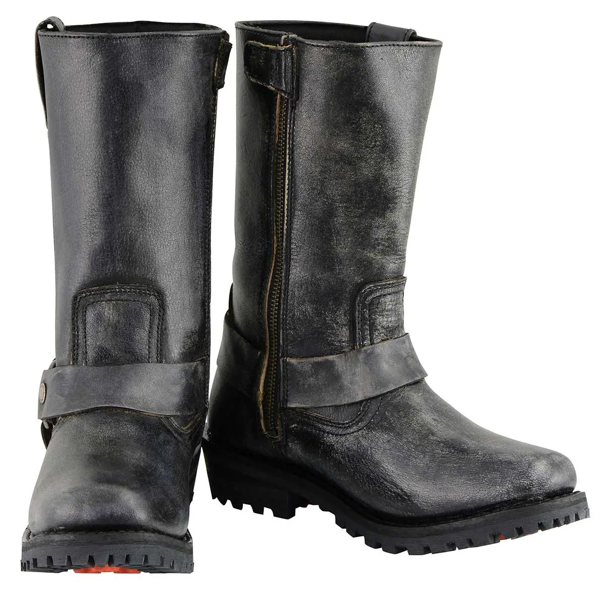 ML Men's Distressed Leather 11-inch Gray Square Toes Motorcycle Harness Boots