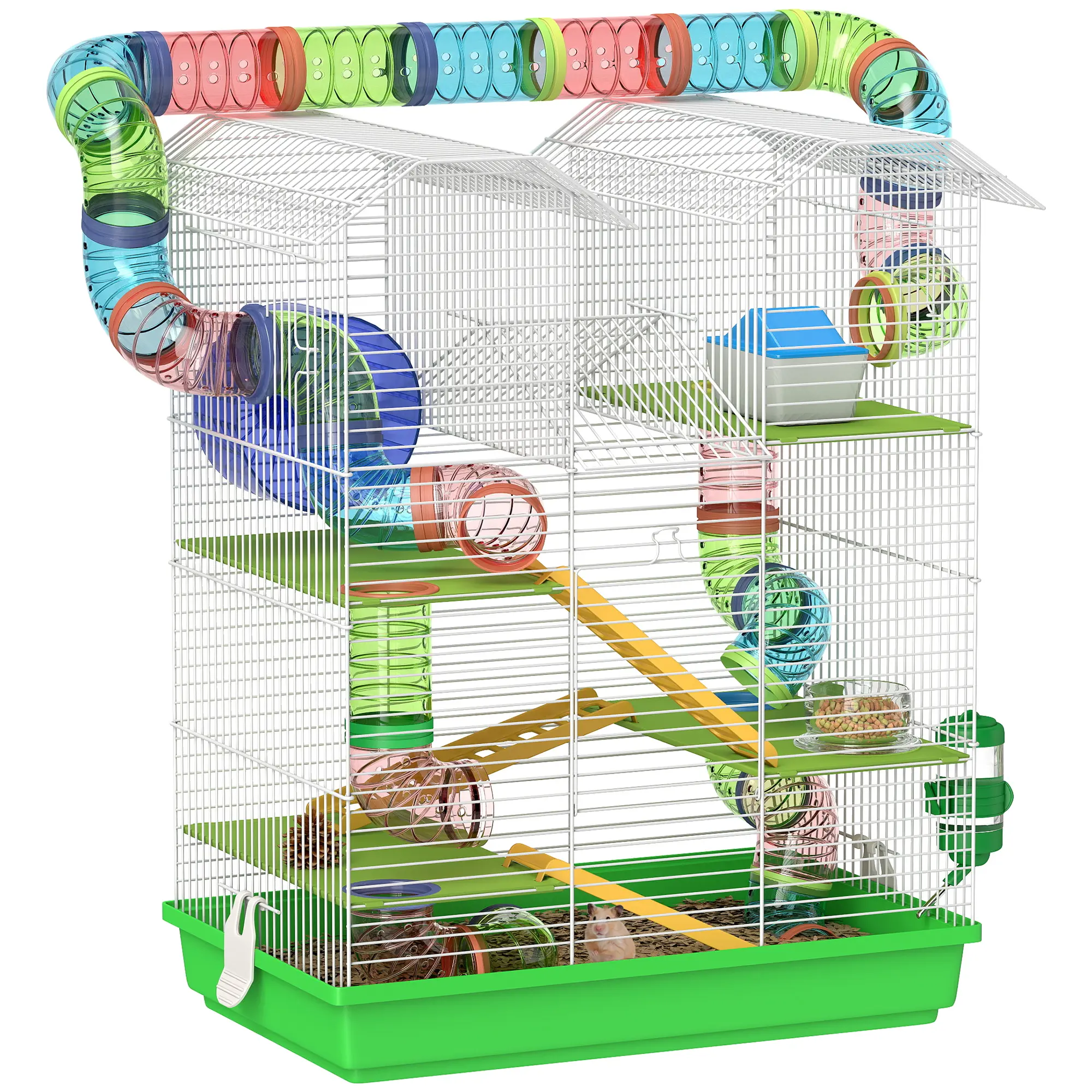 18.5" 5 Tier Hamster Cage with Tubes and Tunnels, Small Animal Cage, Rat Gerbil Cage with Water Bottle, Food Dish, Exercise Wheel, Green